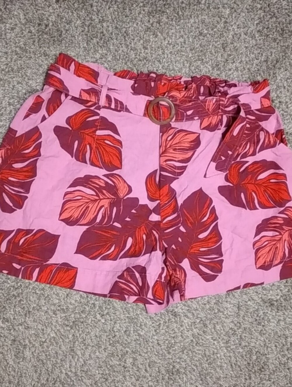 Linen Blend Pink Tropical Print Women's Shorts W/Belt XL Beach Cottagecore